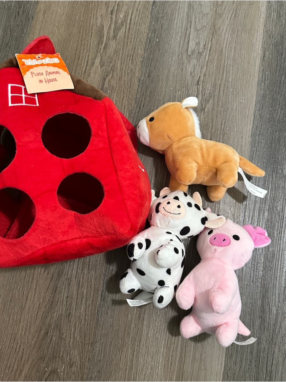 Plush Farm Animal Playset with Red Soft Activity House - Cow, Pig, Horse